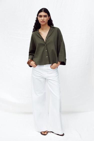 Zara Рубашка из смесового льна с широкими рукавами