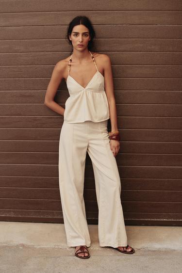 Zara Джинсовый топ халтер с бусинами