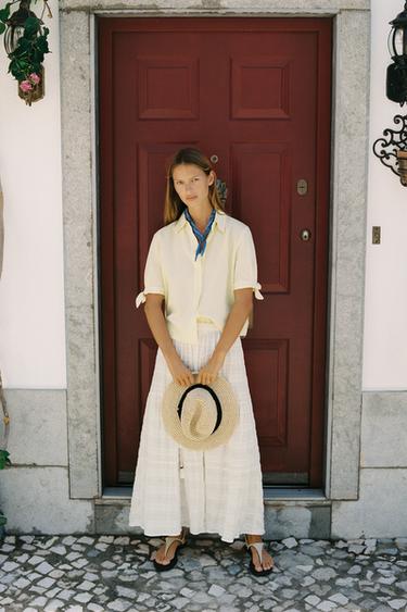 Zara Рубашка из рами с короткими рукавами и завязками