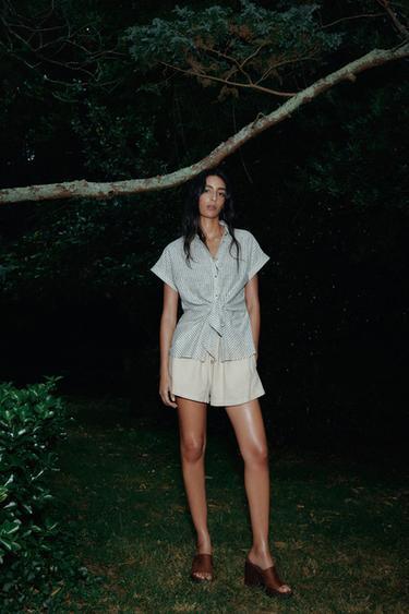 Zara Рубашка в полоску с узлом из льна