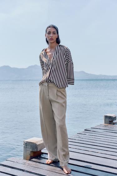 Zara Рубашка из смесового льна с широкими рукавами