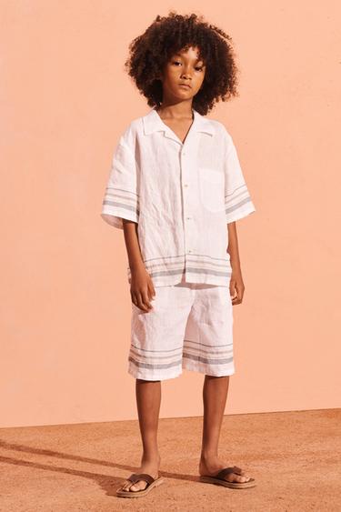 Zara Рубашка с коротким рукавом из льна STRP SHRT ST