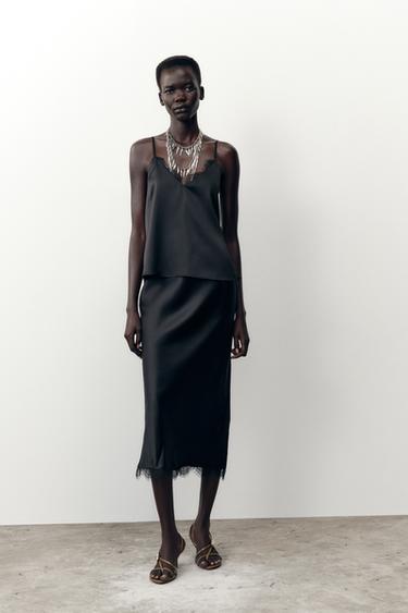 Zara Атласная юбка-миди с кружевом