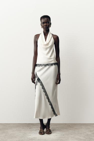 Zara Атласная юбка-миди с кружевом