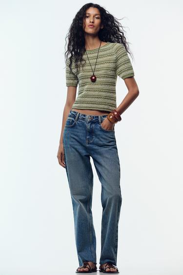 Zara Трикотажный топ с короткими рукавами в структурированную полоску