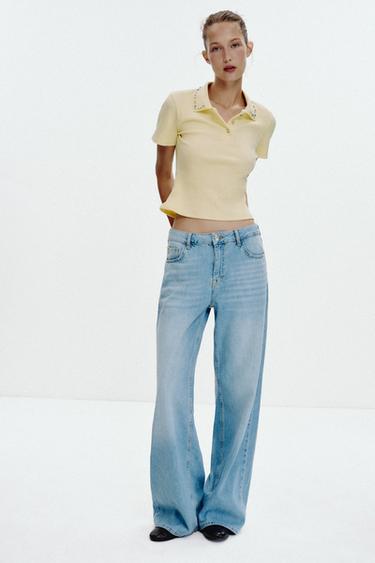 Zara Поло в рубчик с воротником, декорированным драгоценностями