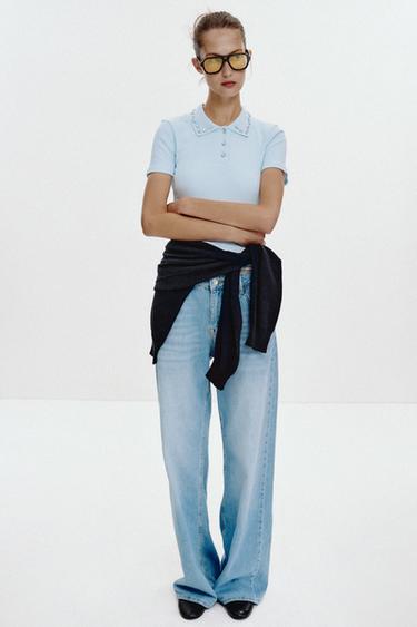 Zara Поло в рубчик с воротником, декорированным драгоценностями