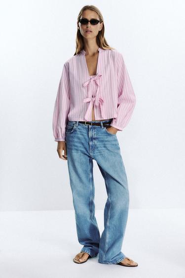 Zara Рубашка из поплина в полоску с завязками