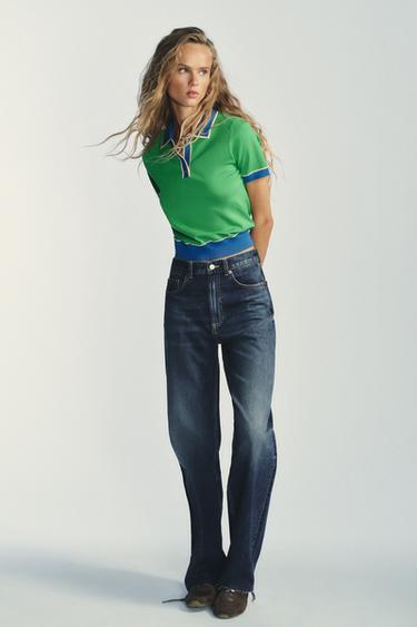 Zara Комбинированный трикотажный топ-поло с короткими рукавами