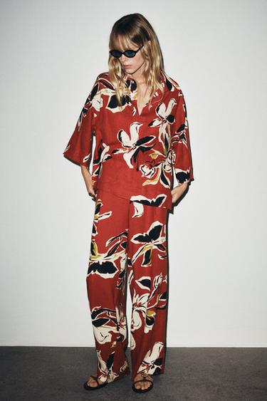 Zara Брюки с цветочным принтом из льняной ткани