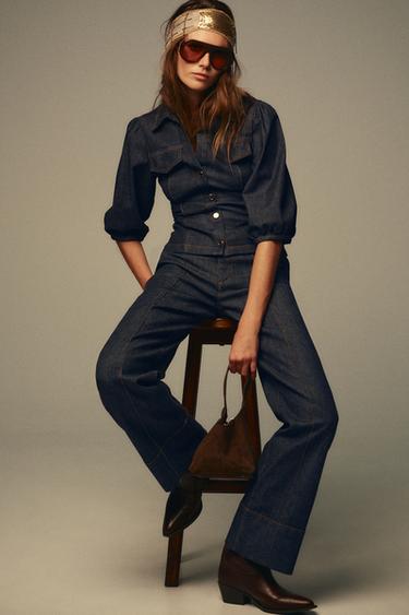 Zara Приталенная джинсовая рубашка Z1975 с рукавами-буфами