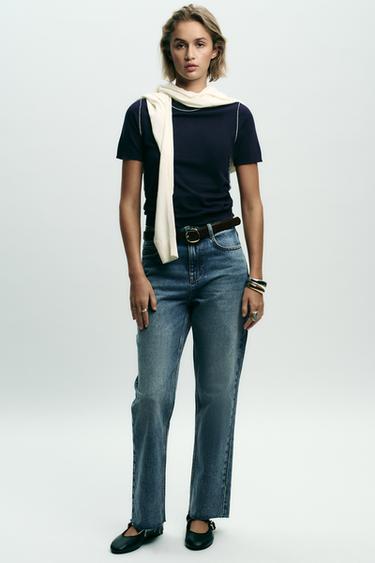 Zara Трикотажный топ с короткими рукавами и отделкой