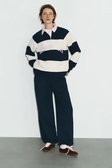 STRIPED POLO SWEATSHIRT WITH SLOGAN
