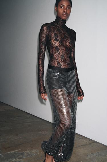 Zara Кружевное боди с длинными рукавами