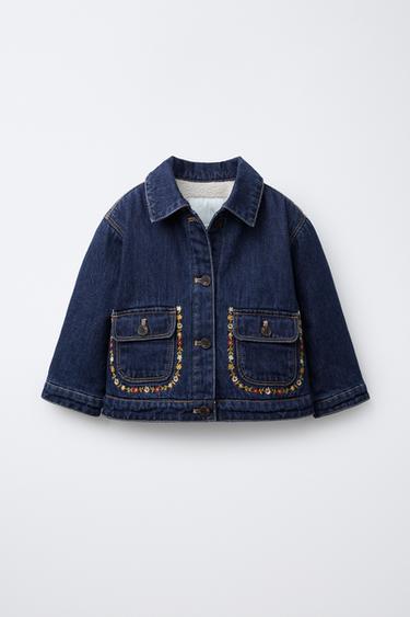 Zara DENIM JACKET WITH FAUX SHEARLING AND EMBROIDERED FLOWERS