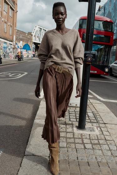 Zara Плиссированная юбка-миди под замшу с поясом