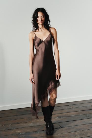 Zara Атласное платье с кружевом