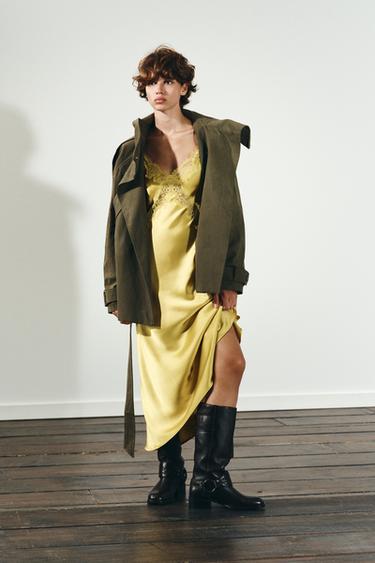 Zara Атласное платье миди с кружевом