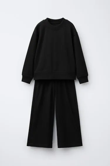 PLAIN PLUSH WIDE LEG SWEATSHIRT AND TROUSERS SET