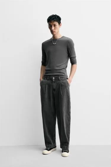 WIDE-LEG PLEATED DENIM CHINO TROUSERS
