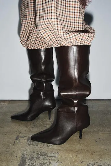 Сапоги на каблуке с острым носком- Заказать в России