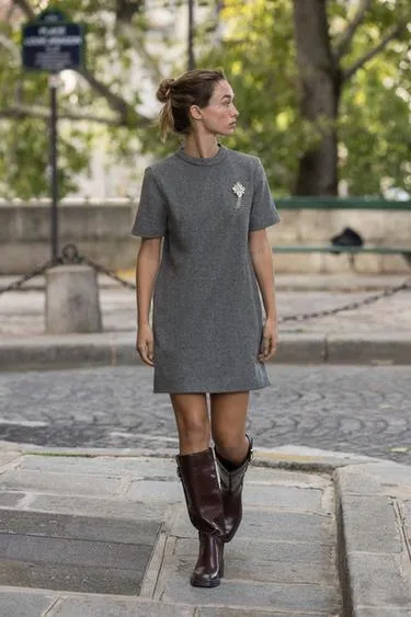 JEWEL APPLIQUé HERRINGBONE DRESS