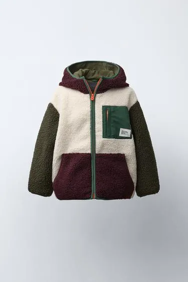 COLOUR BLOCK FAUX SHEARLING FLEECE-LINED JACKET