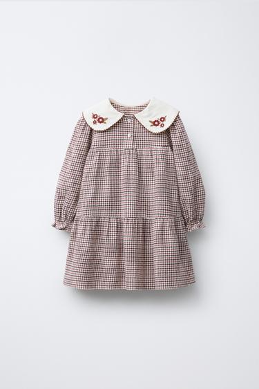 Zara Платье в клетку с вышитым воротником