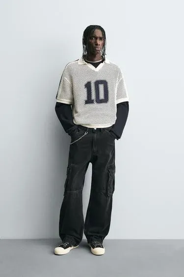 OPEN KNIT NUMBER POLO SHIRT