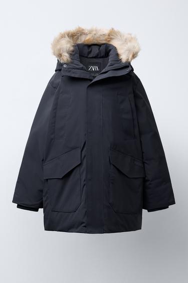Zara LONG FEATHER AND DOWN WATER-REPELLENT PUFFER JACKET WITH DETACHABLE FAUX FUR HOOD купить с доставкой.