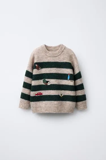 STRIPED KNIT SWEATER WITH FOREST EMBROIDERY