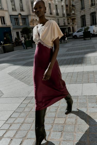 Zara Атласное платье миди с комбинированным кружевом