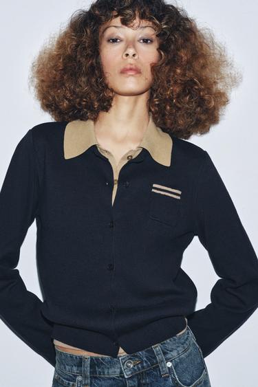 Zara Кардиган поло из двухслойного трикотажа с контрастной отделкой