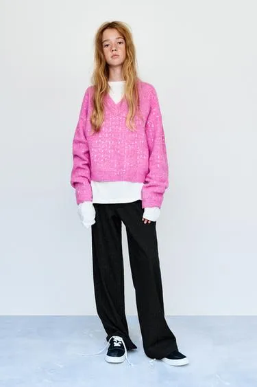 SHINY PINSTRIPED WIDE-LEG TROUSERS