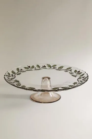 GLASS CHRISTMAS HOLLY LEAF CAKE STAND