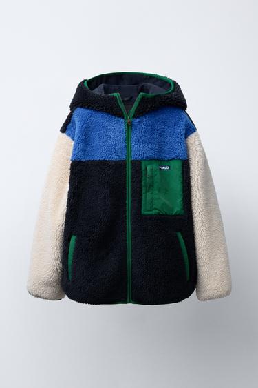 Zara Куртка из искусственной овчины с капюшоном и цветовыми блоками
