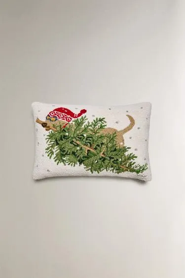 CHRISTMAS TREE AND DOG WOOL BLEND CUSHION COVER