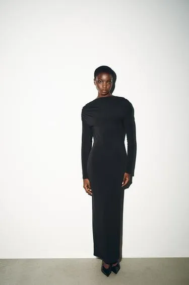 MIDI DRESS WITH DRAPED DETAIL AND JEWEL BACK
