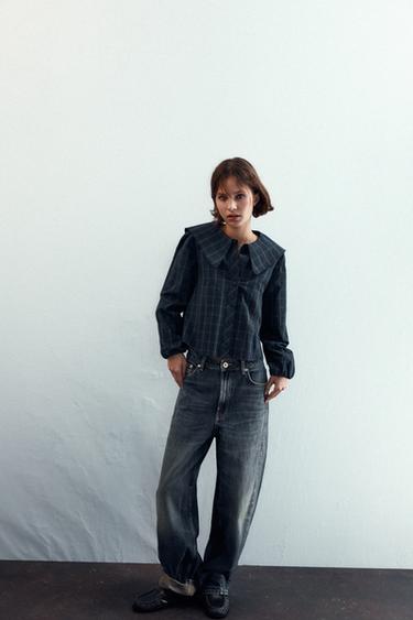 Zara Рубашка из поплина в клетку с воротником питер пэн