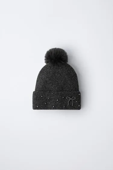 Трикотажная шапка с блеском, помпоном и шерстью