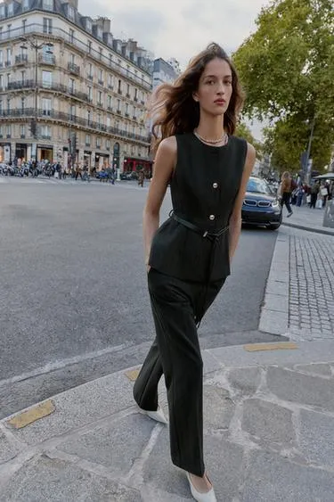 HERRINGBONE STRAIGHT-LEG TROUSERS- Заказать в России