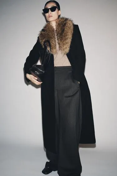 WOOL COAT WITH FAUX FUR COLLAR ZW COLLECTION