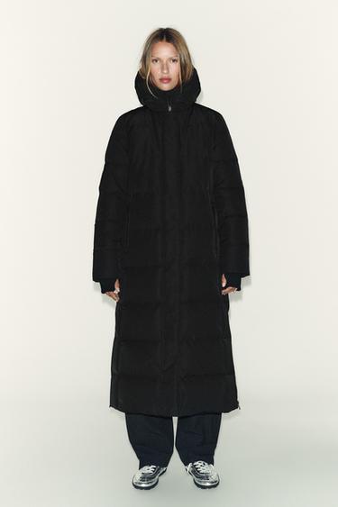Zara Длинный пуховик с капюшоном WATER REPELLENT WINDPROOF