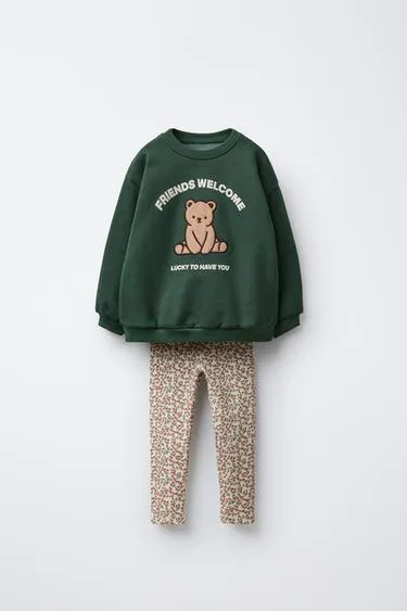 BEAR SWEATSHIRT AND RIBBED FLORAL LEGGINGS SET