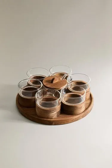 SET OF WOODEN TUMBLERS AND SUGAR BOWL
