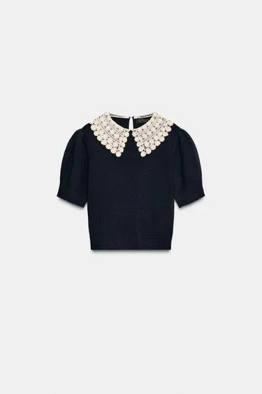 Свитер из кружева кроше с короткими рукавами- Заказать в России