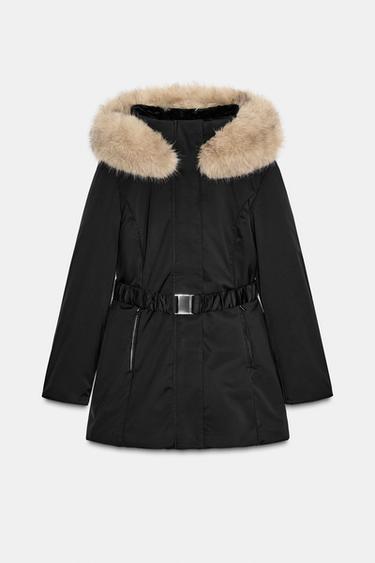 Zara Стеганая куртка с капюшоном с меховой отделкой, водо- и ветрозащитная