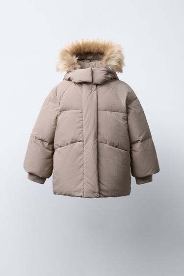 Zara Пуховик WATER REPELLENT с отстегивающимся меховым капюшоном