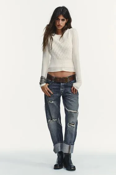 Прямые джинсы TRF с дырами средней посадки- Заказать в России