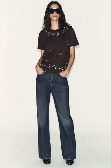 Футболка с бусинами и короткими рукавами- Заказать в России